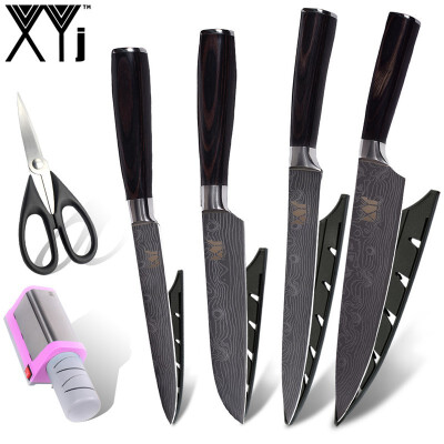 

XYj Kitchen Knife Damascus Veins Blade Stainless Steel Knife Set With pink Electric Knife Sharpener