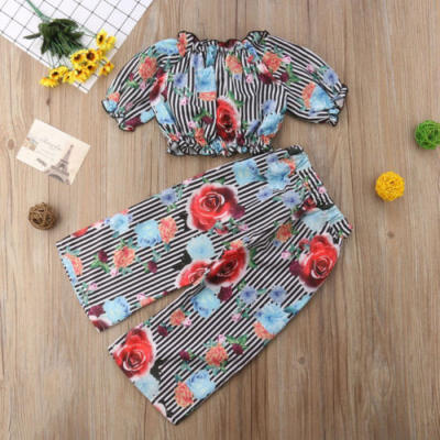 

Floral 2PCS Toddler Girls Striped Ruffle T-shirt TopsWide Leg Pants Outfits Set