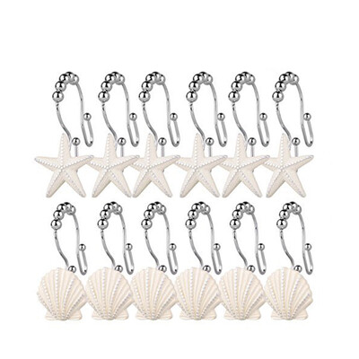 

UpperX Rust Resistant Double Hooks Glide Shower Ring Hangs For Both Shower Curtain&Liner 12Pack starfish&shell double hook