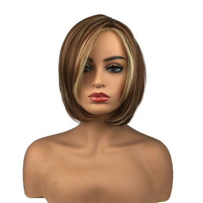 

StrongBeauty Synthetic Natural Short Wigs Straight Brown Blond Mix Bob Wig Full Capless Women Hair