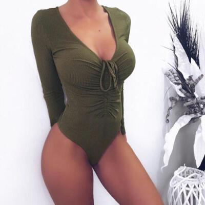 

Womens Long Sleeve Bodysuit Leotard Bodycon Bandage Jumpsuit Romper Tops Blouse