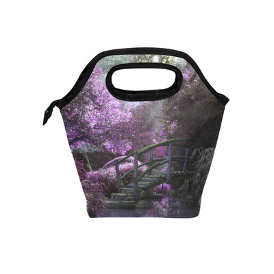

Insulated Lunch Tote Bag Wood Bridge Travel Picnic Lunch Handbags Portable Zipper Lunch Bag Box