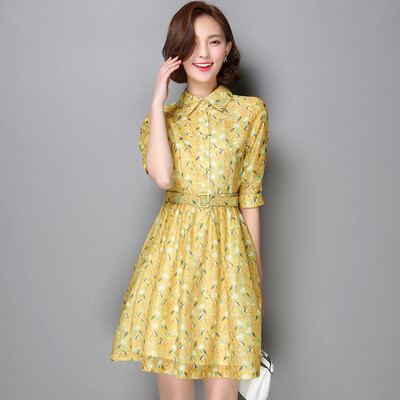 

MAZOE Europe&the United States temperament shirt collar printing chiffon waist short sleeve dress S6612 gold M