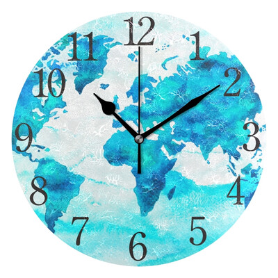 

Wall Clock World Map Blue Round Wall Clock Arabic Numerals Design
