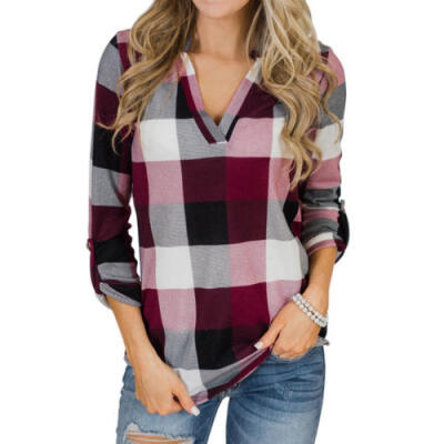 

Women Fashion V-Neck Long Sleeve Shirts Check Plaid Casual Blouses Loose Tops US