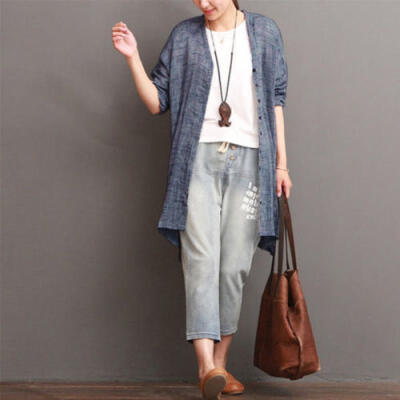 

New Women Long Sleeve Cotton Linen Cardigan Loose Blouse Bohemian blazer Tops