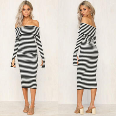 

Hot Women Off Shouler Black&white Stripe Lace Up Backless Pencil Dress CA