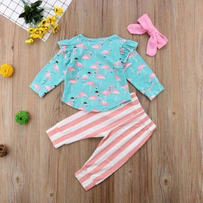 

Canis Newborn Baby Girls Flamingo T-shirt Striped Pants 3Pcs Outfit Clothes Set