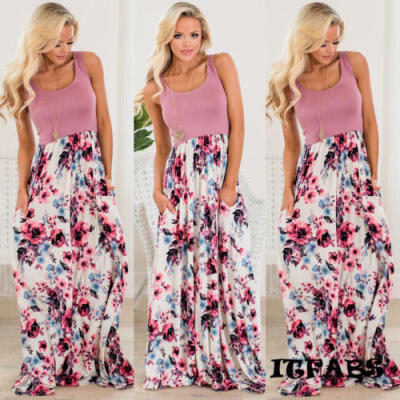 

UK Ladies Boho Maxi Summer Beach Long Skirt Cocktail Party Floral Dress 8-20 New