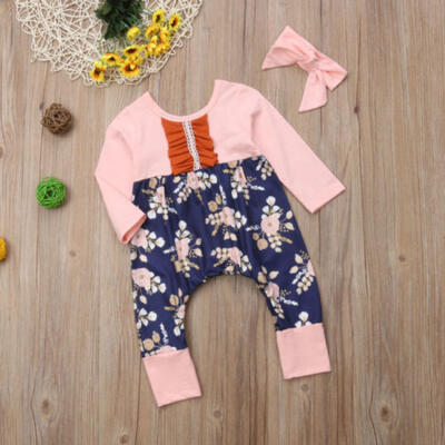 

Newborn Baby Girls Cotton Flower Romper Pants Jumpsuit Headband Outfits Clothes
