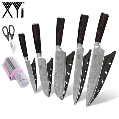 

XYj Kitchen Knife Set Damascus Pattern Blade Color Wood Handle Knife with Scissor Knife Sharpener Kitchen Tools