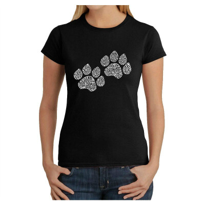 

Womens Word Art T-Shirt - Woof Paw Prints- LA Pop Art