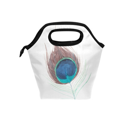 

Lunch Bag Peacock Feather Tote Travel Picnic Insulated Handbags Portable Zipper Lunch Bag Box
