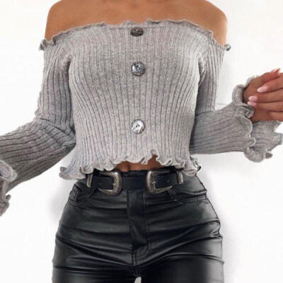 

Off Shoulder Ruffle Crop Top Women Long Sleeve Slim Knitted Sweater Top Tees