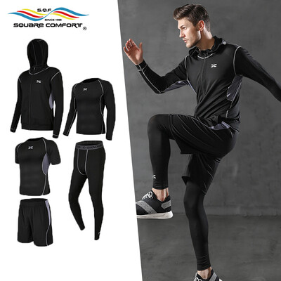 

Star plus square workout clothes sports suit mens sportswear tights fitness suit basketball quick-drying running training suit PJ502 five-piece set gray XL