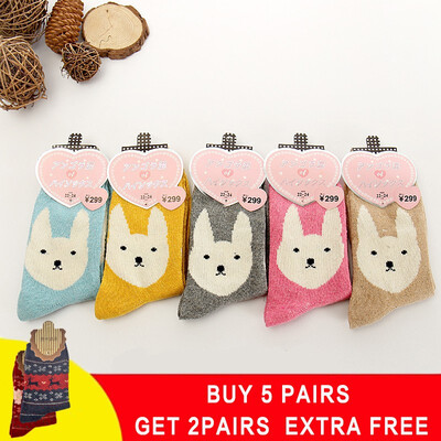 

5 pair Winter Women Socks Warm Wool Christmas Mid-calf Socks Woolen Snowflake Deer Comfortable Gift