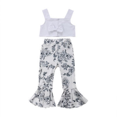 

US Flower Fashion Kid Baby Girl Outfits Top Blouse Long Bell-Bottoms Pants 2PCS