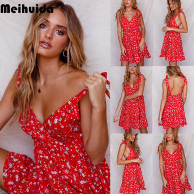 

Boho Womens Summer Mini Dress Ladies V Neck Holiday Beach Party Floral Sundress