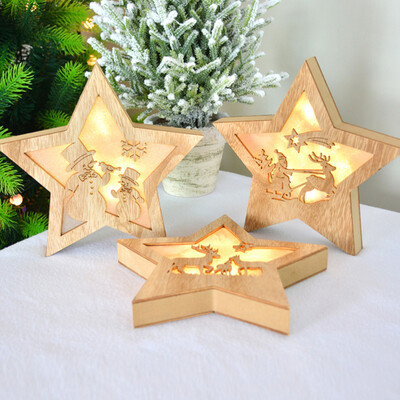 

Many memories of Christmas decorations Christmas tree package ornaments children Christmas gift decorations 16CM wooden five-star with lights random