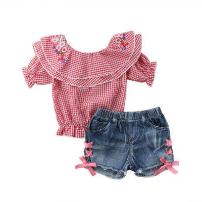 

Canis Newborn Kid Baby Girls Flower Tops T-shirt Denim Pants Shorts Outfits Set