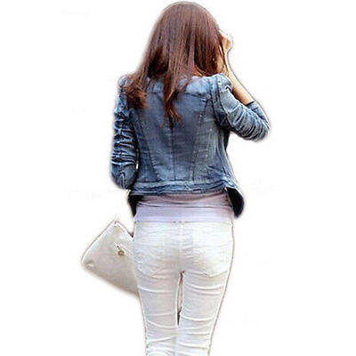 

NEW Womens Stylish Punk Lapel Zipper Denim Jean Coat Short Jacket Slim Outerwear