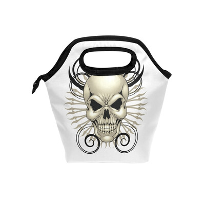 

Lunch Bag Black Skull Tote Travel Picnic Insulated Handbags Portable Zipper Lunch Bag Box