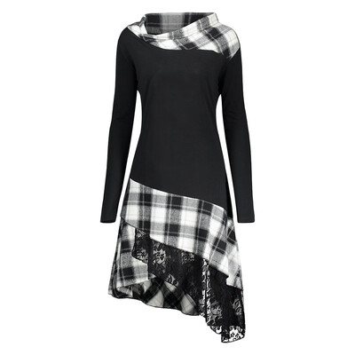 

Trendy Long Sleeve Spliced Lace Plaid Women Dress