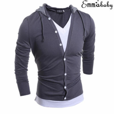 

Emmababy Men Casual Long Sleeve Hooded T-Shirt Slim Shirt Top V-Neck Button Coat