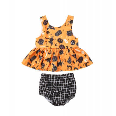 

Halloween Newborn Baby Girls Print Vest Top Dress Plaid Pants Outfit Set Clothes