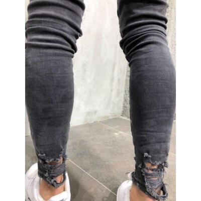 

AU Men Stretchy Hole Jeans Ripped Skinny Biker Jeans Destroyed Taped Denim Pants
