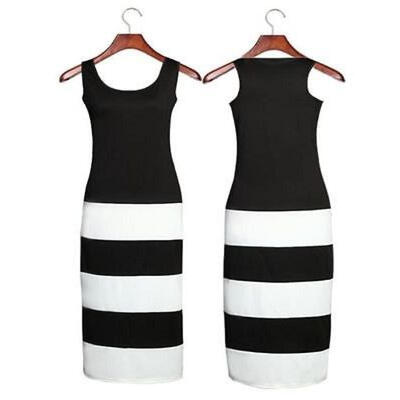 

New Sexy Womens Black White Stripe Block Panel Maxi Bodycon Long Dress