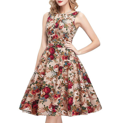 

Summer Vintage Floral Print Cotton Dresses European Style Women Sleeveless Slim Pleated Dress