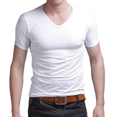 

New Mens V Neck Tops Tee Shirt Slim Fit Short Sleeve Solid Color Casual T-Shirt