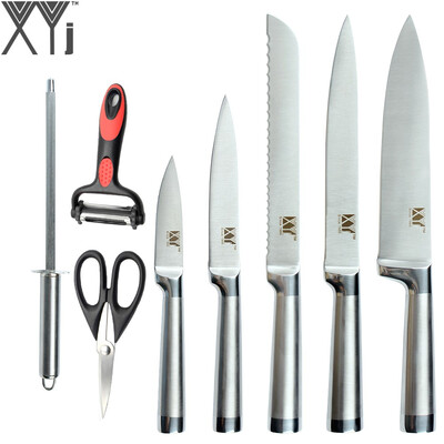 

XYj Brand Sharp Kitchen Knives Stainless Steel Knives Red Peeler Sharpening Rod Scissor Kitchen Tools