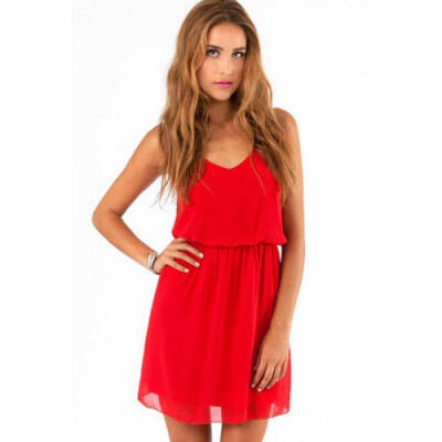 

Womens Sleeveless V-Neck Strap Chiffon Sundress Ladies Summer Beach Mini Dress