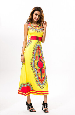 

Buenos Ninos Women Classic National Wind Printing High Elastic Dress Simple Giant Swing