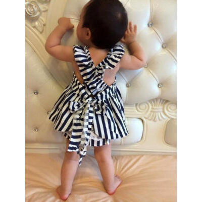 

Newborn Infant Baby Girl Summer Bowknot Stripe Dress Shorts Sunsuit Outfits Set