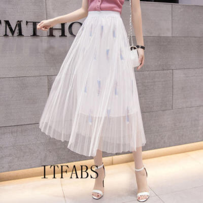 

Women Autumn Loose Embroidered Floral Dress Casual Holiday Mesh Feather Skirts