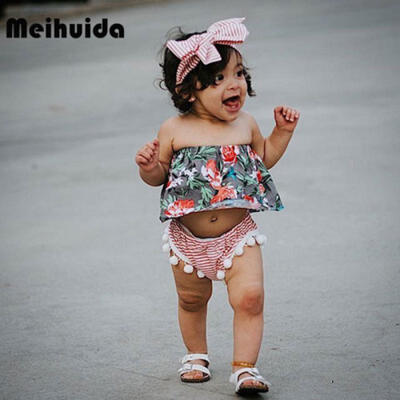 

3pcs Toddler Kids Baby Girls Off Shoulder TopsPants Headband Set Outfits