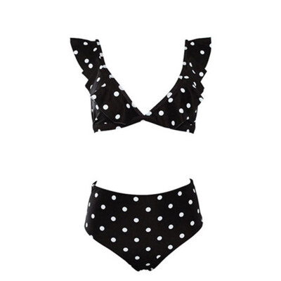 

Ruffled Deep V Bikini Swimsuit Black&White Polka Dot Print Sexy Swimsuit