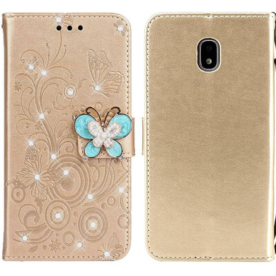 

MOONCASE Samsung Galaxy J3 2017 Butterfly Rhinestone Embossed Leather Case - Gold