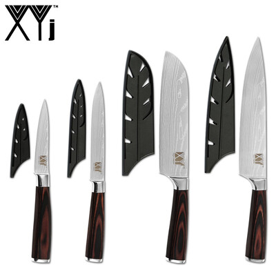 

XYj Kitchen Stainless Steel 4PCS Knives Set Color Wood Handle Chef Knives Free Covers