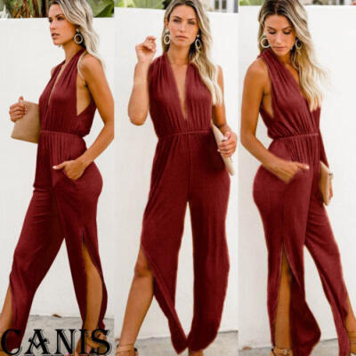 

Sexy Women Deep V Backless Bodysuit Party Jumpsuit Romper Split Long Trousers US