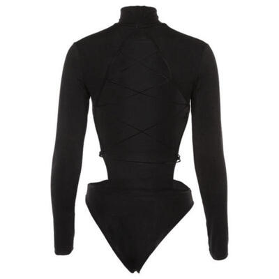 

Womens Bandage Bodycon Bodysuit Long Sleeve High Neck Backless Leotard Top Shirt