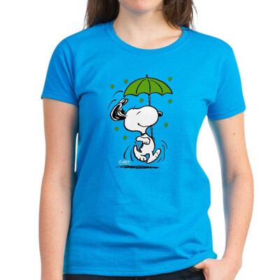 

CafePress Snoopy Raining Clovers - Womens Cotton T-Shirt