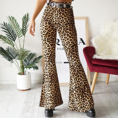 

UK Women High Waist Leopard Print Pants Casual Wide Leg Flare Trouse Long Pants