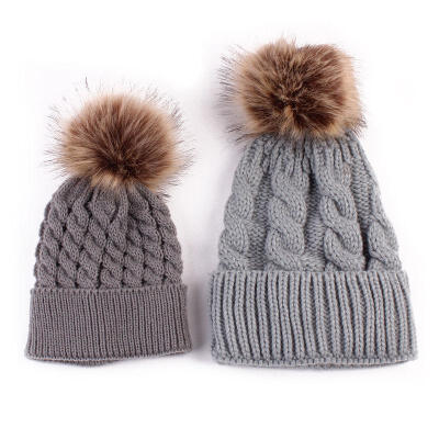 

2PCS Mom MotherBaby Knit Pom Bobble Hat Kids Girls Boys Winter Warm Beanie Caps