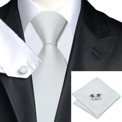 

N-0619 Vogue Men Silk Tie Set White Novelty Prints Necktie Handkerchief Cufflinks Set Ties For Men Formal Wedding Business wholesale