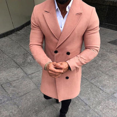 

UK Men Wool Coat Winter Trench lapel Outwear Warm Overcoat Long Jacket Peacoat