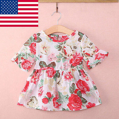 

US Stock Kids Baby Girls Casual Floral Short Sleeve Shirt Tops Blouse Dress 1-6Y